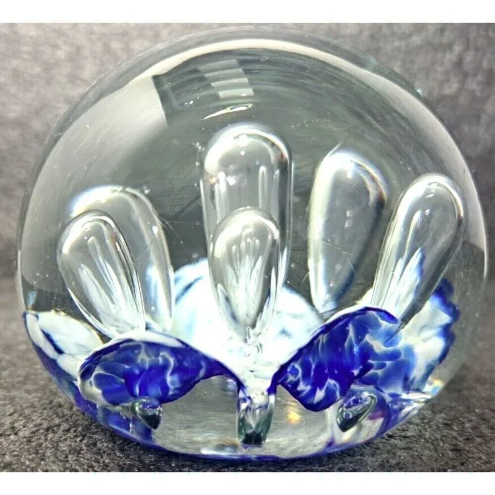 Unbranded Glass Paperweight White Blue Clear Controlled Bubbles Polished Bottom